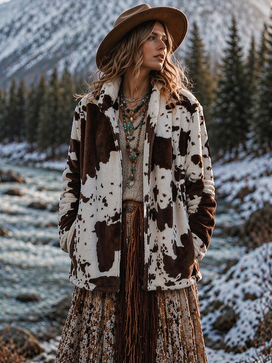 Kiss Jackets & Blazers - Kiss Brown and White Patterned Teddy Jacket